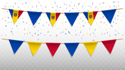 Vector illustration of the country flag of Moldova with confetti on transparent background. hanging triangular flag for Independence Day celebration.