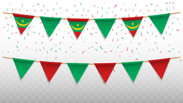 Vector illustration of the country flag of Mauritania with confetti on transparent background. hanging triangular flag for Independence Day celebration.