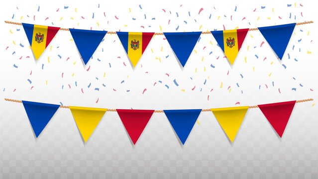 Vector illustration of the country flag of Moldova with confetti on transparent background. hanging triangular flag for Independence Day celebration.