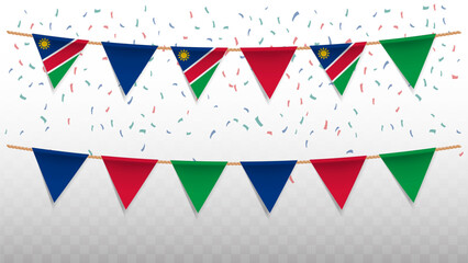 Vector illustration of the country flag of Namibia with confetti on transparent background. hanging triangular flag for Independence Day celebration.