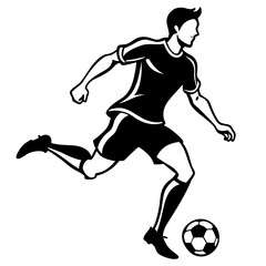A dynamic black silhouette of a soccer player kicking a soccer ball with power and precision, capturing the energy and movement of the sport 