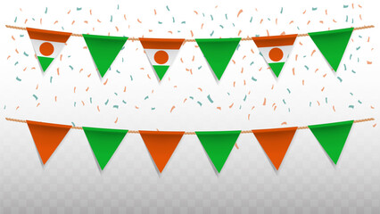 Vector illustration of the country flag of Niger with confetti on transparent background. hanging triangular flag for Independence Day celebration.