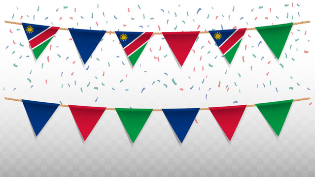 Vector illustration of the country flag of Namibia with confetti on transparent background. hanging triangular flag for Independence Day celebration. - Powered by Adobe