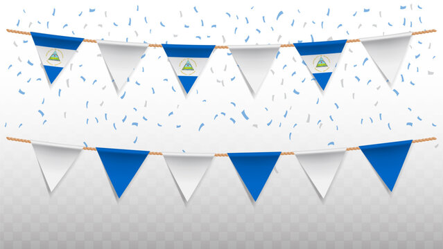 Vector illustration of the country flag of Nicaragua with confetti on transparent background. hanging triangular flag for Independence Day celebration. - Powered by Adobe