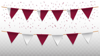 Vector illustration of the country flag of Qatar with confetti on transparent background. hanging triangular flag for Independence Day celebration.