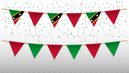 Vector illustration of the country flag of Saint Kitts and Nevis with confetti on transparent background. hanging triangular flag for Independence Day celebration.