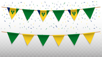 Vector illustration of the country flag of Saint Vincent and the Grenadines with confetti on transparent background. hanging triangular flag for Independence Day celebration.