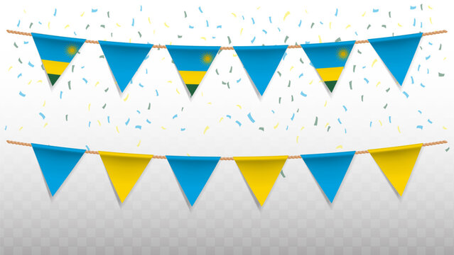 Vector illustration of the country flag of Rwanda with confetti on transparent background. hanging triangular flag for Independence Day celebration.