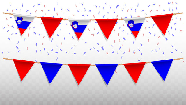 Vector illustration of the country flag of Slovenia with confetti on transparent background. hanging triangular flag for Independence Day celebration.
