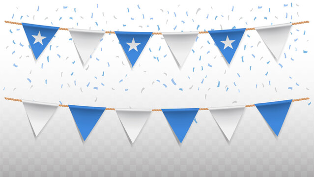 Vector illustration of the country flag of Somalia with confetti on transparent background. hanging triangular flag for Independence Day celebration.