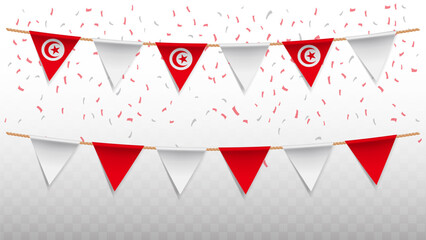 Vector illustration of the country flag of Tunisia with confetti on transparent background. hanging triangular flag for Independence Day celebration.