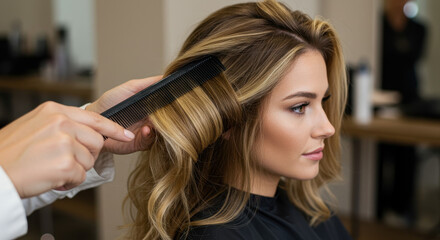 Fototapeta premium Blonde Highlights & Comb: Stunning Hair Transformation at the Salon - Style, Beauty, and Confidence!