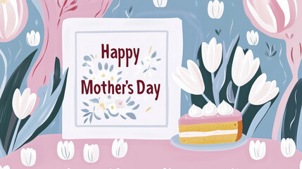 Framed Mother's Day message to celebrate all moms near a cake slice with white tulips. Concept of Motherhood, celebration, family, love, gratitude, nurturing, care, flowers, gift