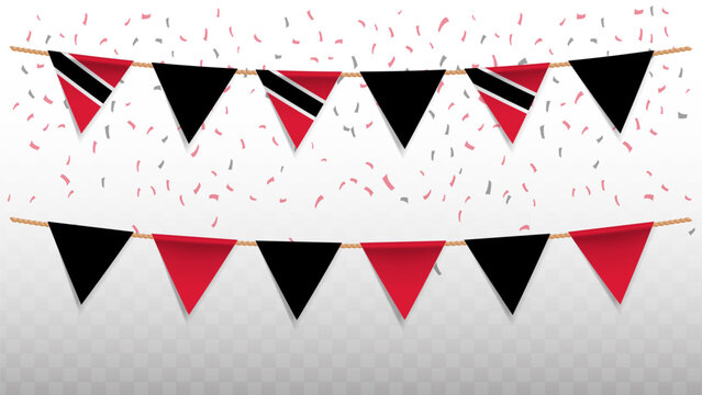Vector illustration of the country flag of Trinidad and Tobago with confetti on transparent background. hanging triangular flag for Independence Day celebration.