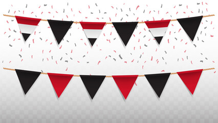 Vector illustration of the country flag of Yemen with confetti on transparent background. hanging triangular flag for Independence Day celebration.