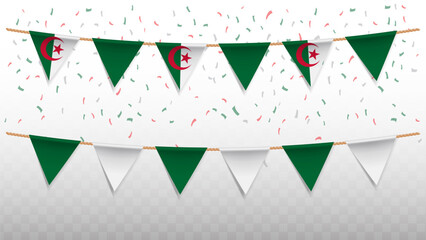 Vector illustration of the country flag of Algeria with confetti on transparent background. hanging triangular flag for Independence Day celebration.