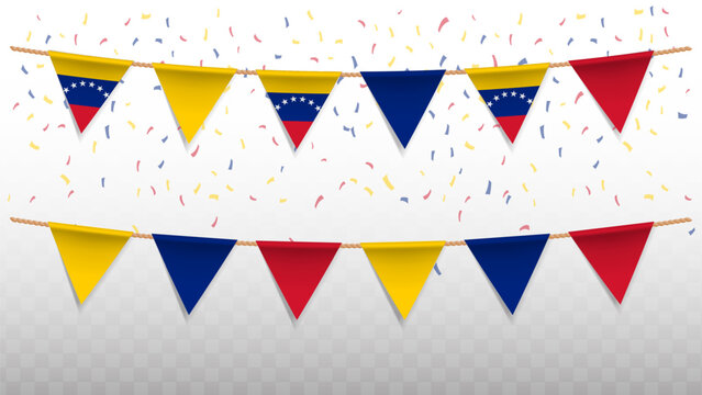 Vector illustration of the country flag of Venezuela with confetti on transparent background. hanging triangular flag for Independence Day celebration.