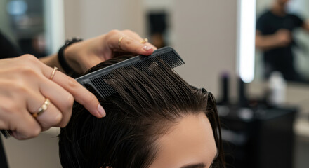 Fototapeta premium Haircut Prep: Close-up of Hairstylist Combing Wet Hair for Perfect Style. Salon Ready!