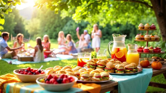 Joyful Summer Backyard Gathering: Potluck Picnic Table with Sandwiches, Fruit & Drinks for Community Celebration. Friends & Family Socializing Outdoors. 4K Video.