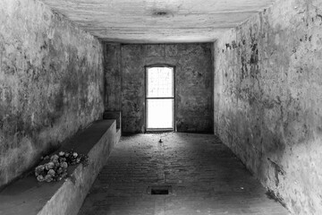 Obraz premium A room with a window and a bench