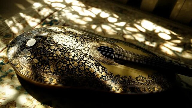Ornate lute resting on rug, floral pattern details, artistic musical instrument highlighted by sunlight and shadows on carpet.