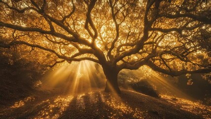 Sunbeams streaming through the branches of an ancient tree in a forest casting rays of light onto the ground, creating a serene and enchanting landscape - Powered by Adobe
