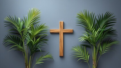 Palm sunday background. Cross and palm on grey background.