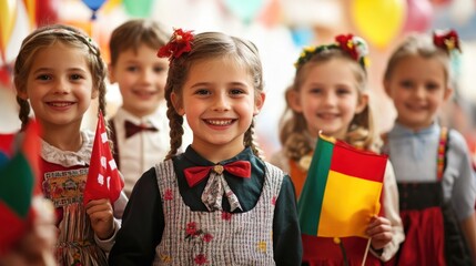 Cheerful Children Celebrate Cultural Diversity in Traditional German Attire