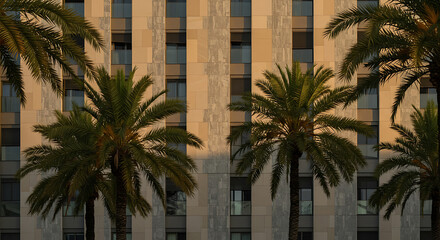 Palm trees silhouetted against modern building facade, urban architecture scene for travel, real estate, and tropical content