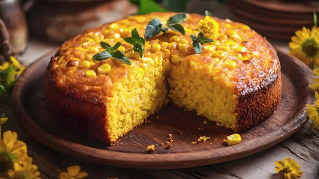 Delicious homemade corn cake, a tasty dessert for a family June party, zomm out.