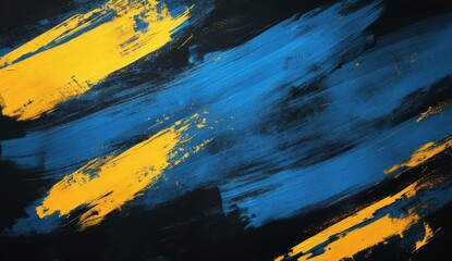 Abstract painting with dynamic brushstrokes in bold blue and gold