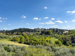 Obraz premium panoramic view of the Tuscan countryside with rolling green hills, cypress trees, olive trees, vineyards on clear blue sky background