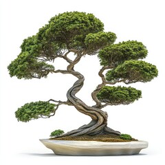 Isolated bonsai tree with vibrant green foliage on a white background, embodying nature's miniature growth