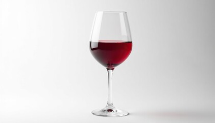 Single stemmed wineglass filled with ruby red wine, pristine white backdrop , wine pouring, vineyard