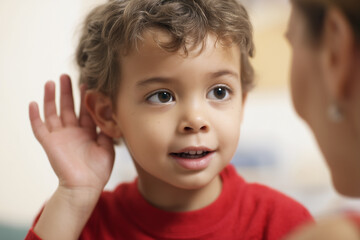 Cute little deaf child learning sign language with adult