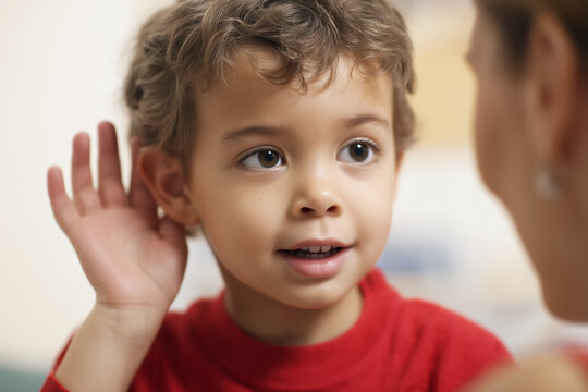Cute little deaf child learning sign language with adult