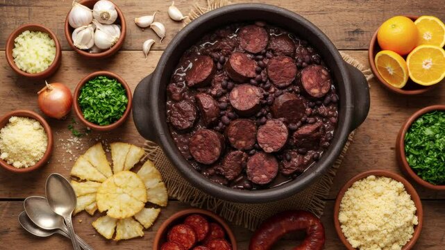 Feijoada with various delicious spices and herbs are arranged on a healthy wooden table, suggesting a tasty cuisine, zoom in.