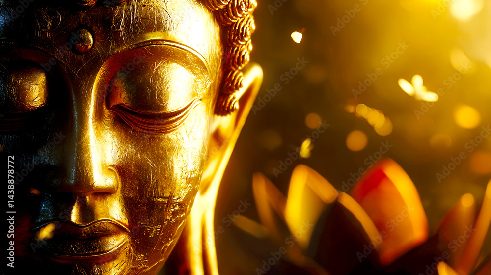Poster stunning close up of a serene buddha statue glowing softly surrounded by gentle light and petals : g
