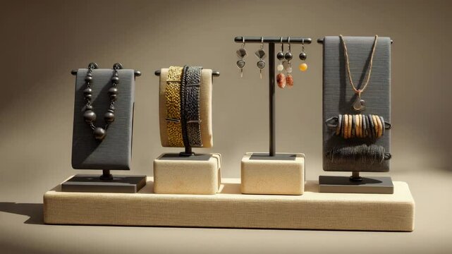 A display of handcrafted jewelry including necklaces, bracelets, and earrings arranged on elegant stands.