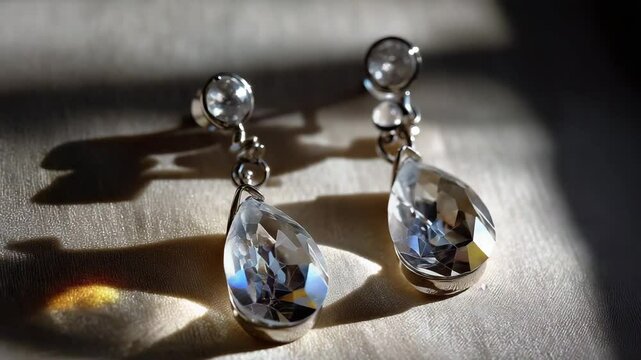 A pair of elegant crystal drop earrings catching light, creating colorful reflections on a soft surface.