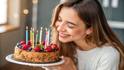 Woman smiling looking at a birthday cake with candles and fresh fruit