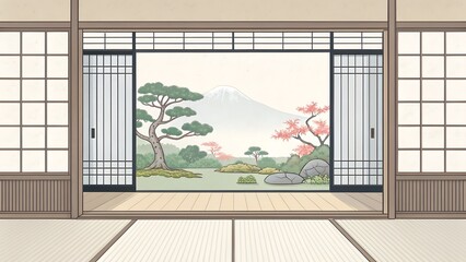 A view of mount fuji from a traditional japanese room with tatami