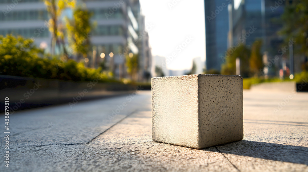 Poster minimalistic city scene featuring a single textured concrete block on a modern street : generative a