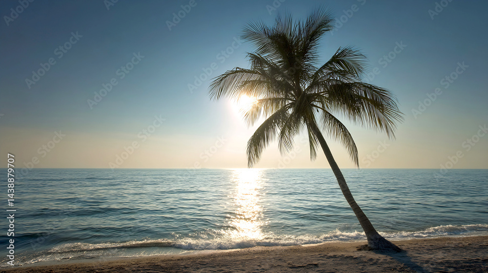 Aufkleber tranquil beach scene at sunset with a tall palm tree silhouetted against a serene ocean and sky for 