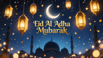 A warm and celebratory Eid Al Adha Mubarak scene with a starry night sky as the backdrop, Eid al Adha, Eid al Adha Mubarak, Happy Eid al Adha, Eid al Adha greetings, Eid Mubarak, Happy Eid Mubarak