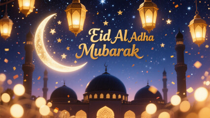 A warm and celebratory Eid Al Adha Mubarak scene with a starry night sky as the backdrop, Eid al Adha, Eid al Adha Mubarak, Happy Eid al Adha, Eid al Adha greetings, Eid Mubarak, Happy Eid Mubarak