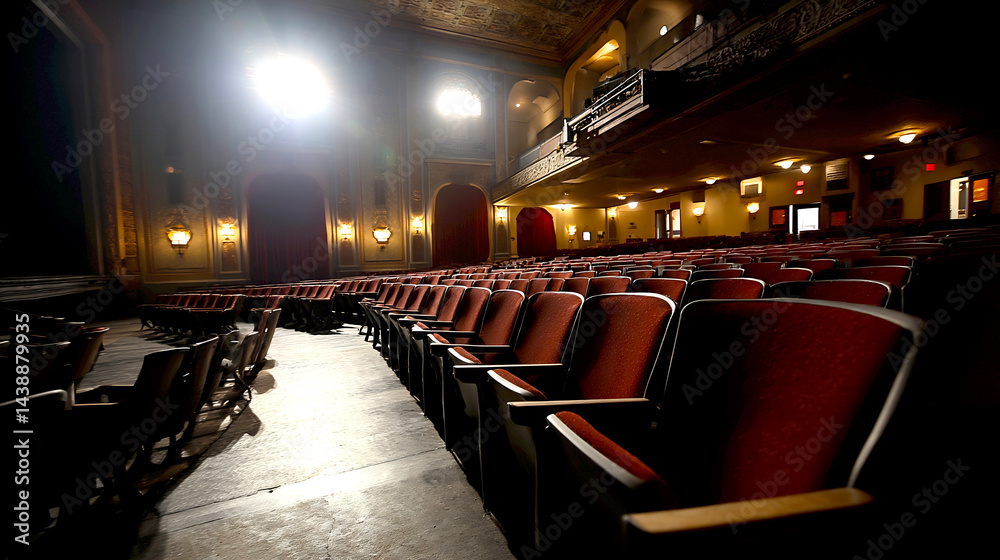 Poster empty theatre seating with historic architecture and stage lighting ready for performance : generati