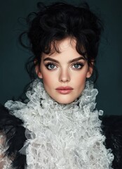 Fototapeta premium Close-up portrait of a person with striking blue eyes and dark curly hair wearing a ruffled white collar