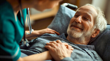 Fototapeta premium Healthcare professional comforting elderly patient with warm smile in cozy medical environment : Generative AI