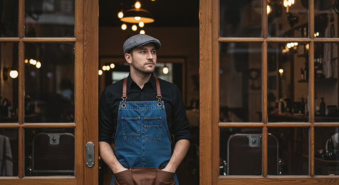 Barber Shop Owner: Stylish Man in Newsboy Cap & Denim Apron Stands Proudly in Doorway. Vintage Look, Classic Trade, Small Business.
